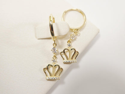 Real 10k Solid Yellow Gold Crown Hoop Huggie Earring