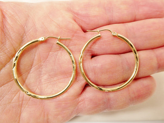 10k real solid yellow gold diamond cut hoop earrings