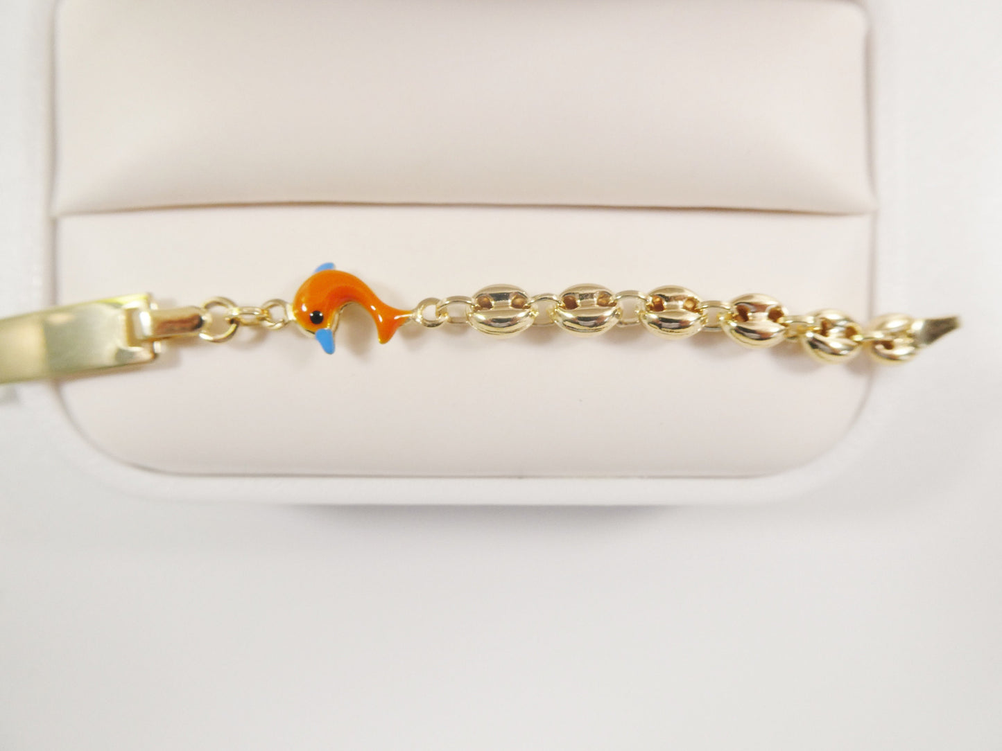 14k Yellow Gold Baby ID Bracelet: Enamel Dolphin Mariner Chain, 6 Inch