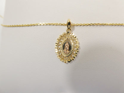 10k Real Solid Yellow Gold Guadalupe Pendent and 18 Inch Cable Necklace