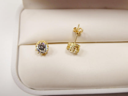 Real 10k Solid Yellow Gold Crown Style Push Post Circle Stud Earrings