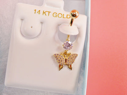 14k Real Solid Yellow Gold Dangling Butterfly Belly Vutton Ring Piercing