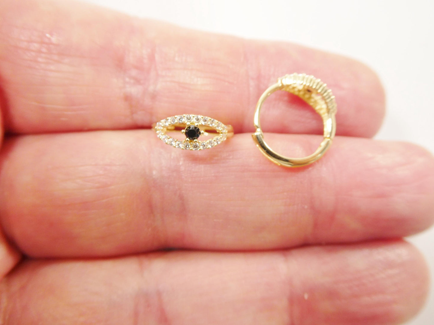 real 10k solid yellow gold evil eye hoop huggie earrings