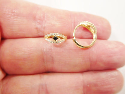 Real 10k Solid Yellow Gold Evil Eye Hoop Huggie Earrings