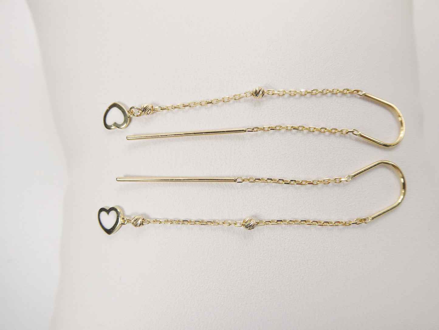 14k real solid yellow gold white heart enamel long dangling earrings