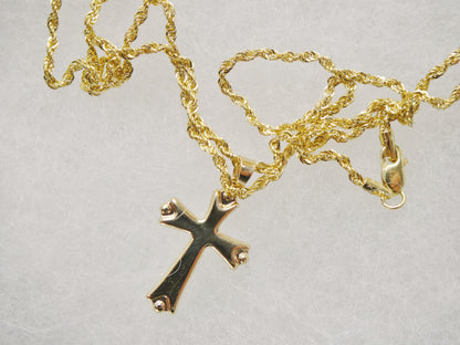 14k Real Solid Yellow Gold Super Polish Cross Pendent and Robe Necklace