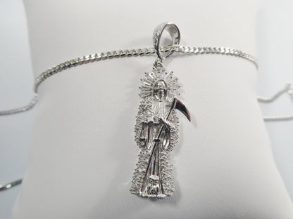 Real 925 Sterling Silver 18 Inch Curb Chain and Santa Muerte Pendent Charm