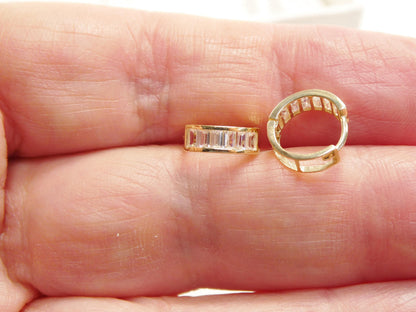 Real 10k Solid Yellow Gold Baguette Huggie Hoop Earrings