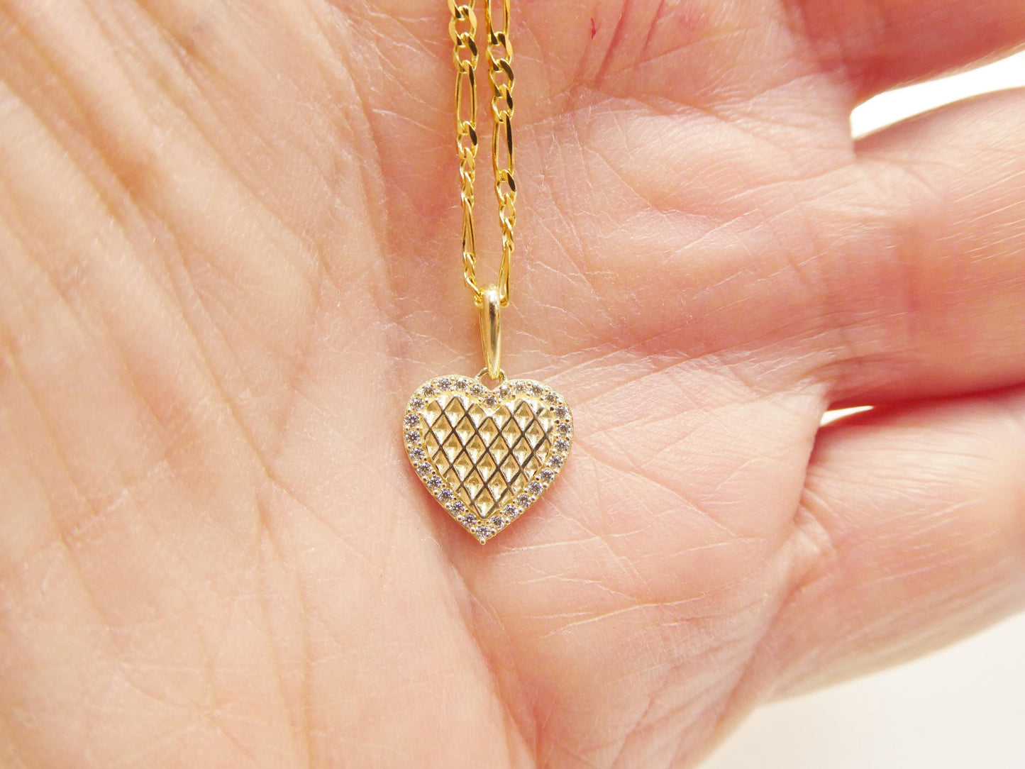 10k real solid yellow gold 18 inch solid figaro chain and heart pendent set