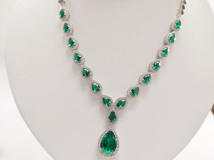 Real 925 Sterling Silver Teardrop Emerald Green Women Necklace