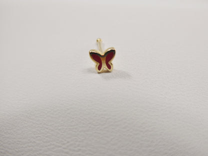 14k Real Solid Yellow Gold Red Butterfly Enamel Stud Nose Ring