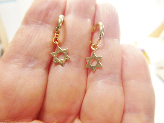 10k real solid gold star David dangle on plain huggie fancy earrings