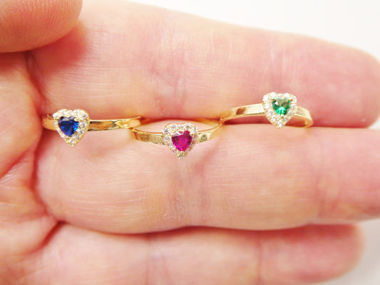 10k solid yellow gold baby children heart shaped color stone ring