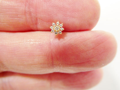 14k Real Solid Yellow Gold Full Stone Setting Flower Stud Nose Raing