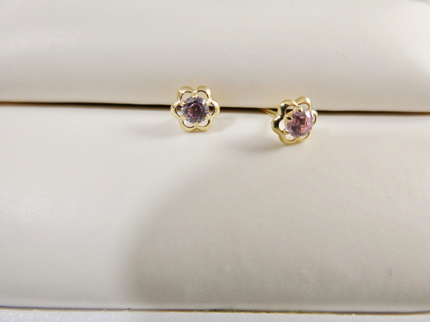 10k real solid yellow gold birthstone screw back children earrings flower shape
