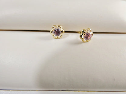 10k Real Solid Yellow Gold Birthstone Screw Back Children Earrings Flower Shape