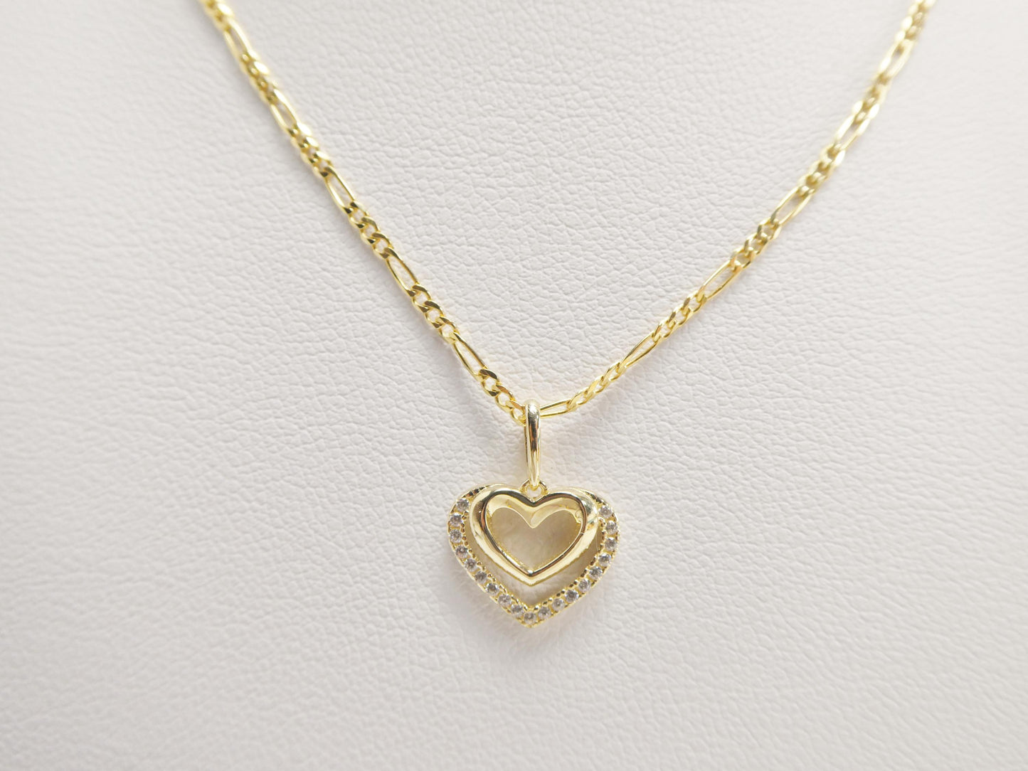 10k Yellow Gold Figaro Chain Necklace with Double Heart Pendant