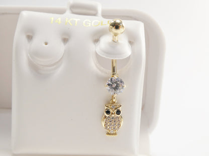 14k Real Solid Yellow Gold Owl Dangling Belly Button Ring Piercing