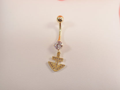 14k Real Solid Yellow Gold Dangling Anchor Belly Button Ring Piercing