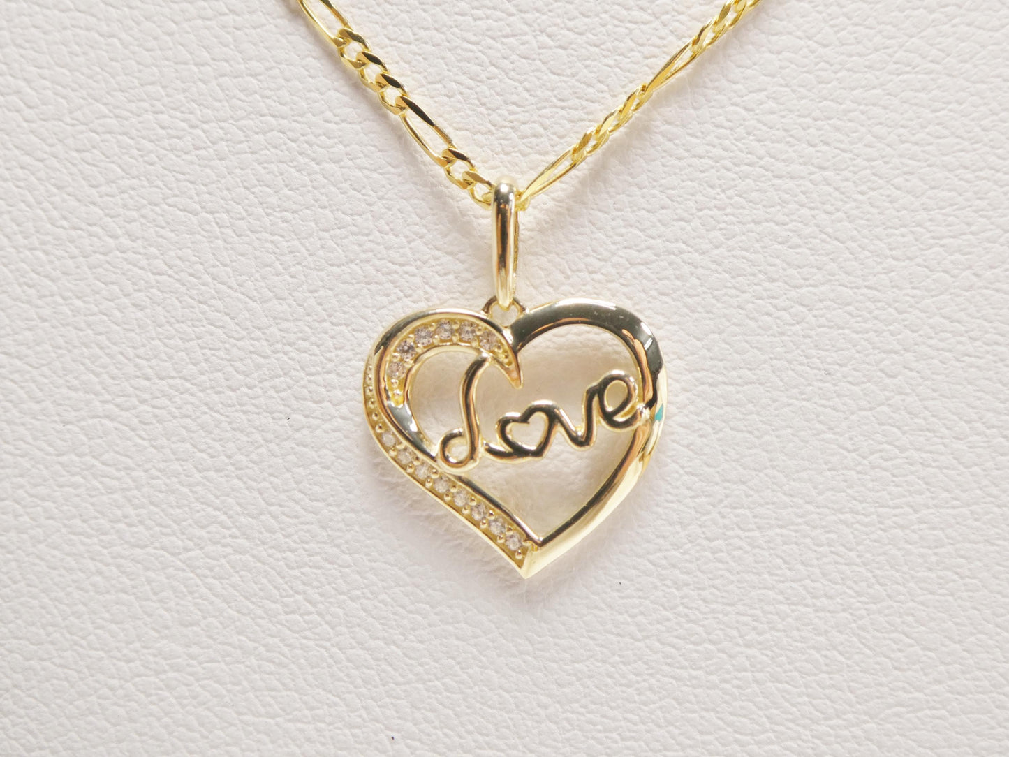 10k Yellow Gold Figaro Chain Necklace with Love Heart Pendant