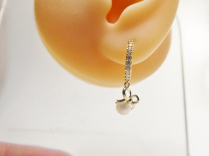 Real 10k Solid Yellow Gold Designer Pearl Drop Hoop Huggie Earrings