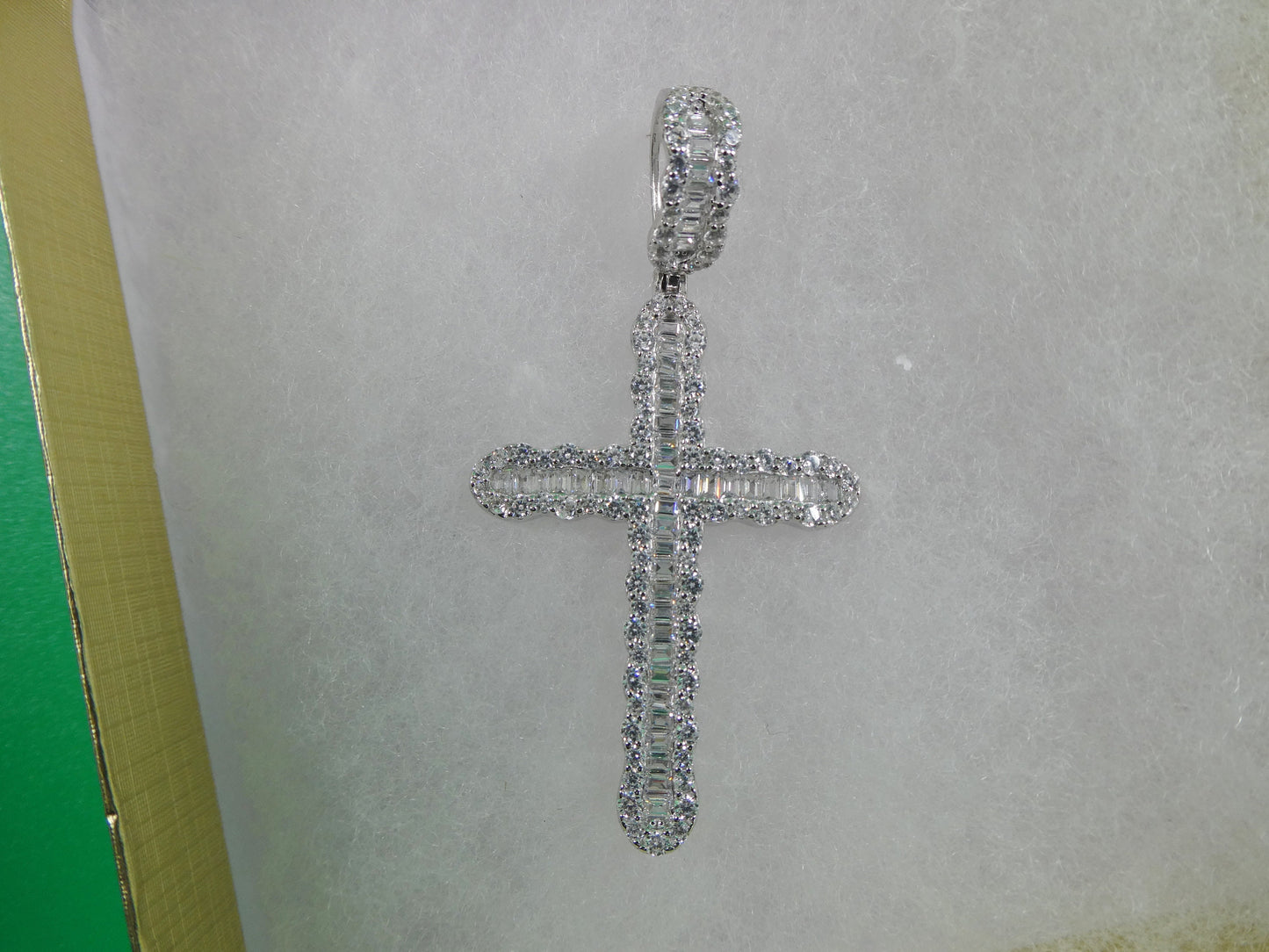 14k white gold color tone large cross charm pendent over real 925 sterling silver
