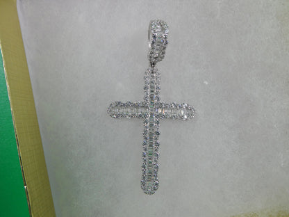 14k White Gold Color Tone Large Cross Charm Pendent Over Real 925 Sterling Silver