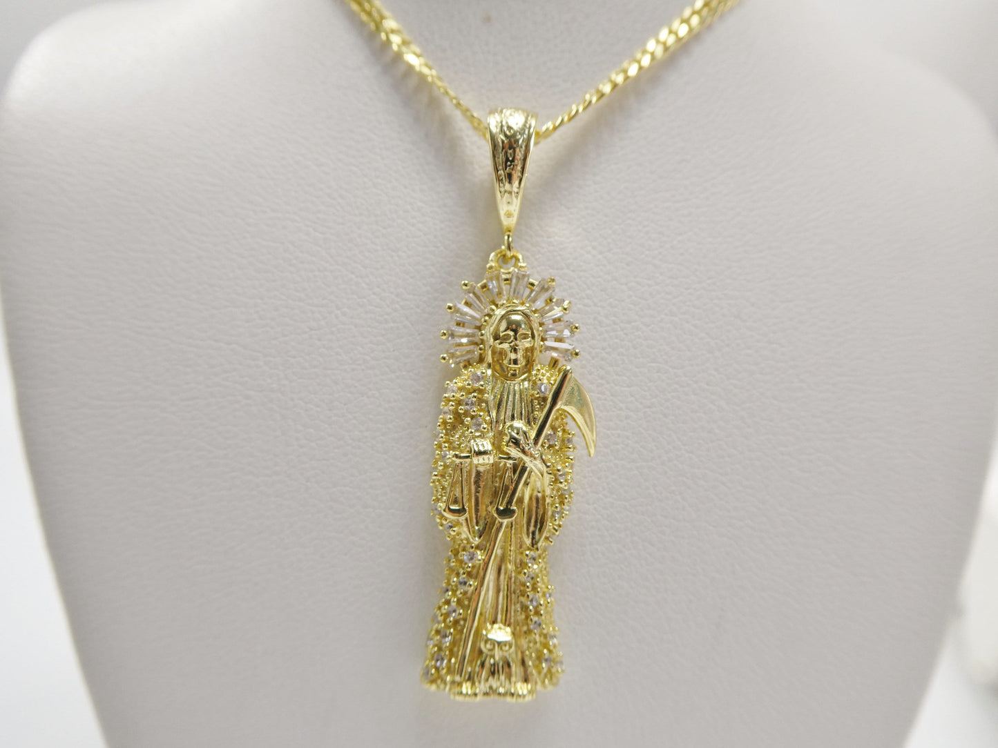 Sterling Silver Santa Muerte Pendant Necklace: 14k Gold Finish