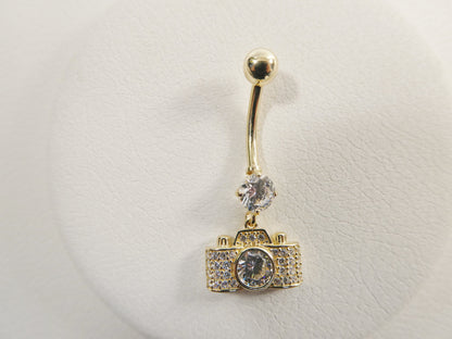 14k Real Solid Yellow Gold Camera Dangling Belly Button Ring Piercing