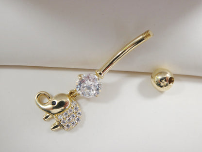 14k Real Solid Yellow Gold Elephant Dangling Belly Button Ring Piercing