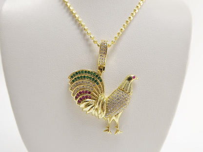 Real 925 Sterling Silver 2mm Moon Chain and Rooster Pendent