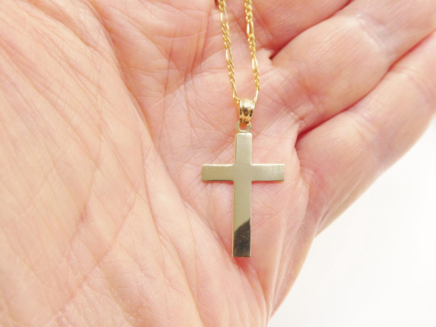 10k Yellow Gold solid figaro Chain & Cross Pendant Necklace: 16 inch