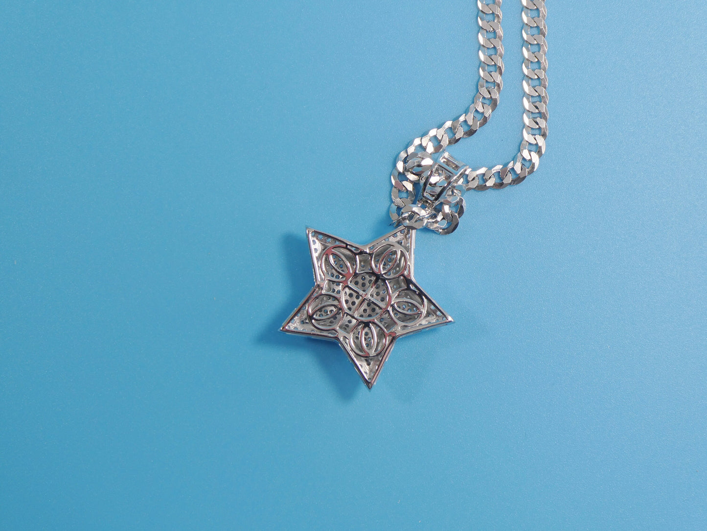 14k white gold color tone chain and large star charm pendent over real 925 sterling silver
