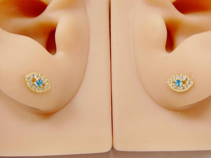 10k Real Yellow Gold Evil Eye Push Post Earrings