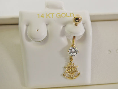 14k Real Solid Yellow Gold Dangling Steering Wheel Anchor Belly Button Ring Piercing