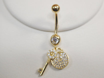 14k Real Solid Yellow Gold Dangling Lock And Key Belly Button Ring Piercing