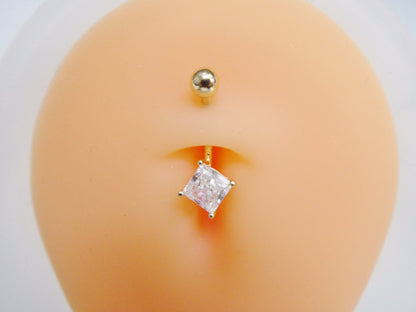 14k Real Solid Yellow Gold Square Stone Belly Button Ring Piercing