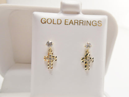 Real 10k Solid Yellow Gold Cross Dropping Push Post Earrings