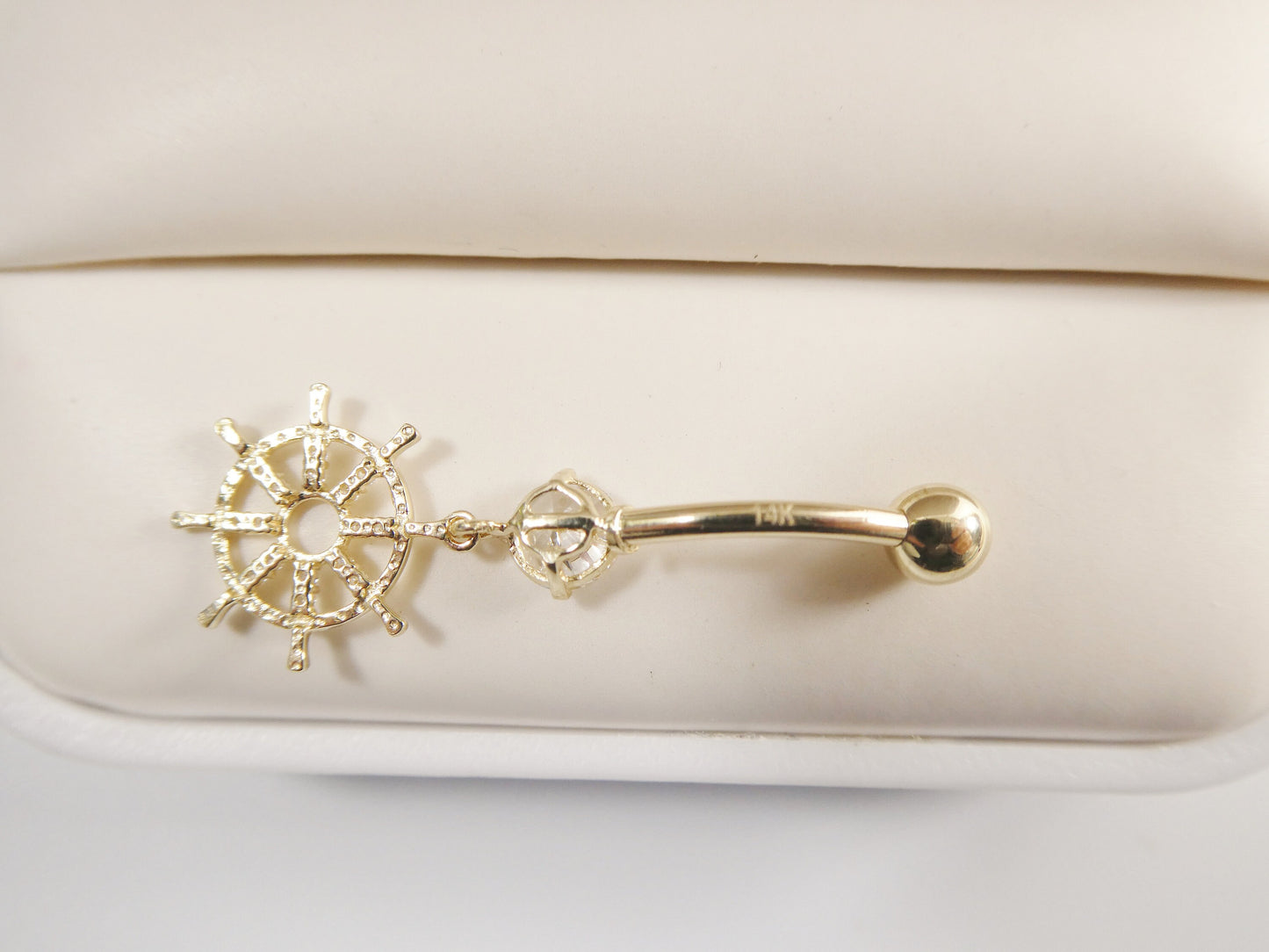 14k real solid yellow gold ship wheel dangling belly button ring piercing