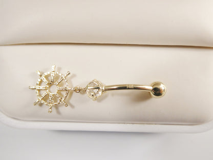 14k Real Solid Yellow Gold Ship Wheel Dangling Belly Button Ring Piercing