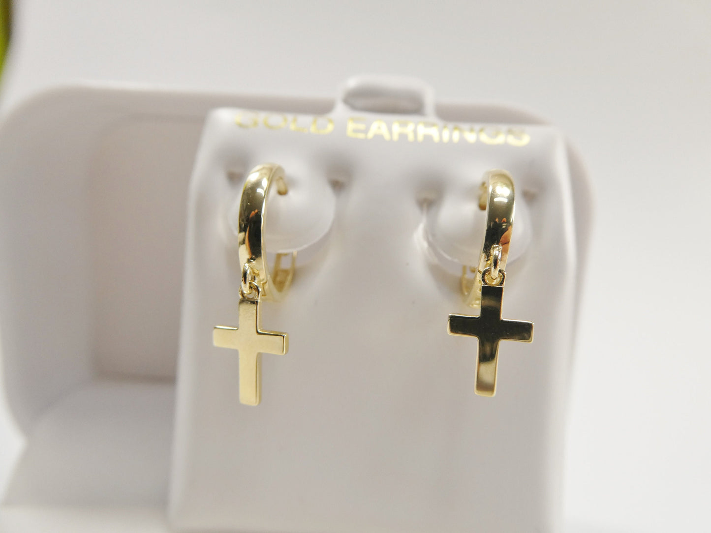 real 10k solid yellow gold cross dropping hoop huggie earring