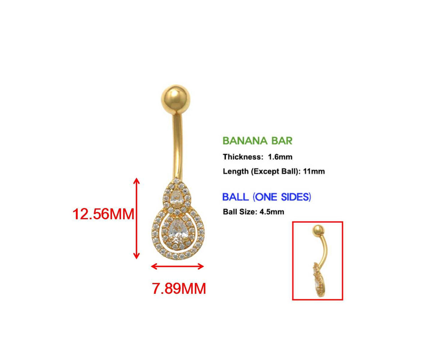 14k real solid yellow gold  teardrop belly button ring piercing