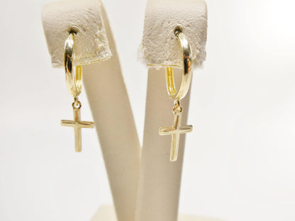 Real 10k Solid Yellow Gold Cross Dropping Hoop Huggie Earrings
