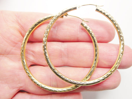 14K real solid yellow gold 50mm round hoop earring snap closure full diamond cut finish