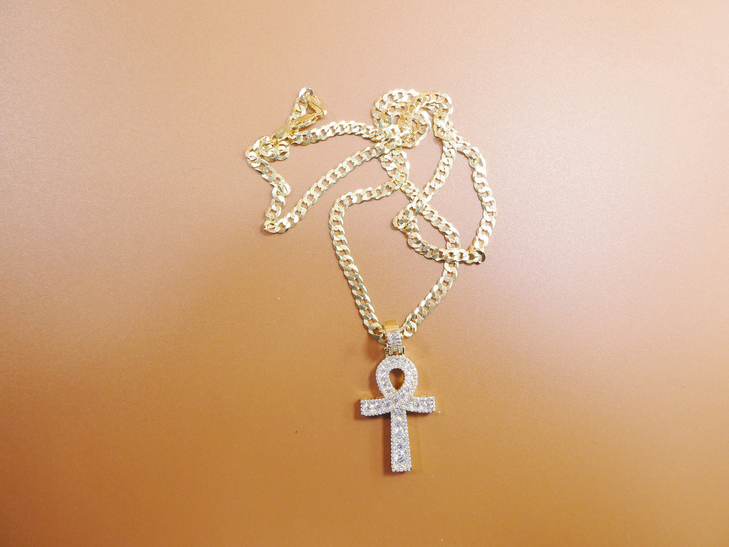 Gold Tone Ankh Cross Pendant: Sterling Silver Cuban Chain