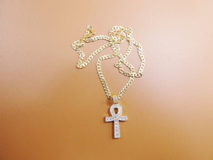 Gold Tone Ankh Cross Pendant: Sterling Silver Cuban Chain