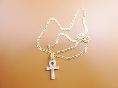 Gold Tone Ankh Cross Pendant: Sterling Silver Cuban Chain