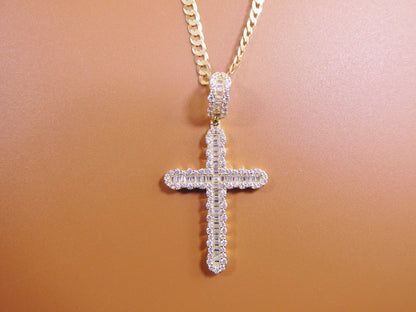 14k Gold Tone Sterling Silver Cross Pendant - 24 Inch Cuban Chain