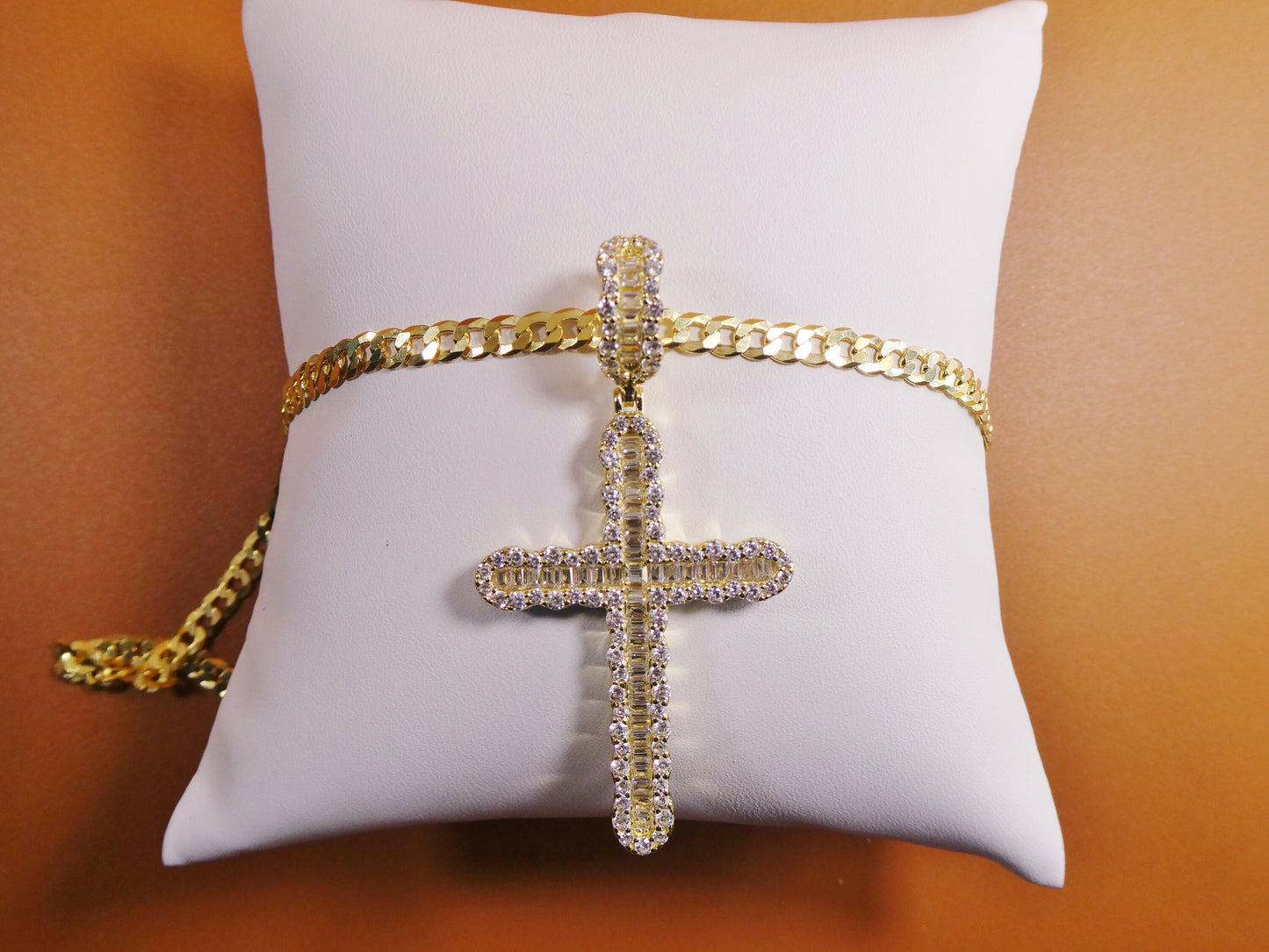 14k Gold Tone Sterling Silver Cross Pendant - 24 Inch Cuban Chain