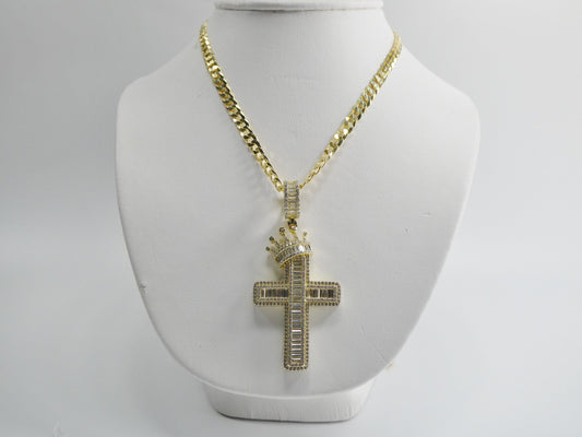 14k Gold Tone Cross Pendant: Sterling Silver Cuban Chain, 24 Inch